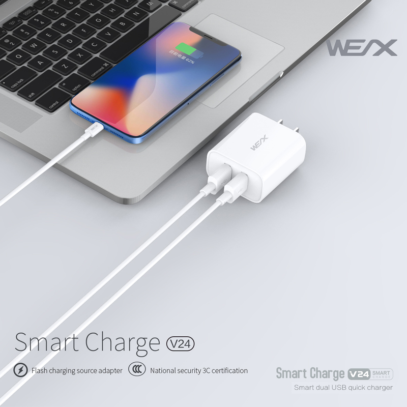 WEX V24 зарядно за стена, USB зарядно устройство, бързо зарядно устройство, двойно бордово зарядно устройство